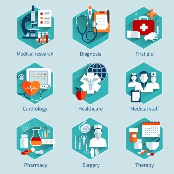 Medical Concepts Set. Medical concepts set with research diagnosis first aid icons isolated vector illustration