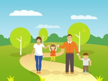 Happy family outdoors with smiling parents couple and boy and girl children flat vector illustration. Family Outdoors Illustration