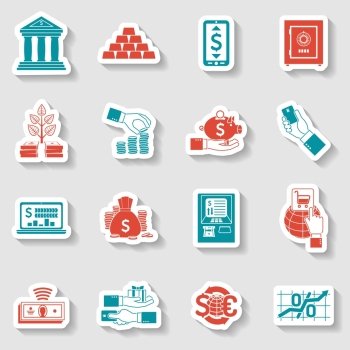 Banking money and financial investment paper sticker set isolated vector illustration. Banking Sticker Set