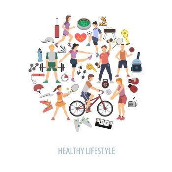 Healthy lifestyle concept with people playing sport games flat vector illustration. Healthy Lifestyle Concept