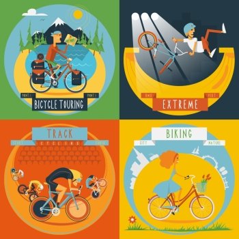 Extreme track cycling and city road bike tour 4 flat icons composition banner abstract isolated vector illustration. Cycling 4 flat icons banner 