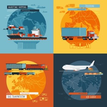  Logistic maritime shipping and air cargo transportation worldwide 4 flat icons composition banner abstract isolated vector illustration. Logistic4 flat icons banner