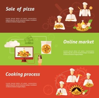 Pizza Sale and Cooking Banner. Complex of sale in online market and cooking process of pizza flat horizontal banners isolated vector illustration