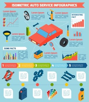 Auto Service Isometric Infographics. Auto service repair parts and consumables with statistics and stages isometric infographics vector illustration