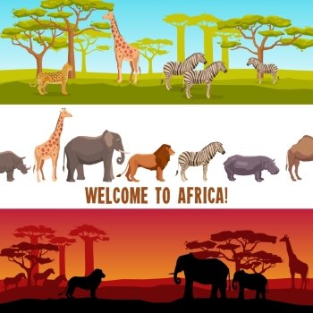 Horizontal African animals banners set. Horizontal colorful African animals with trees banners set isolated vector illustration