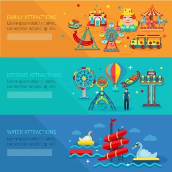 Amusement park horizontal banner set with water family extreme attractions flat elements isolated vector illustration. Amusement Park Banner