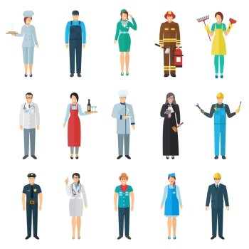 Profession avatar icons set. Profession and job avatar with standing people icons set flat isolated vector illustration 