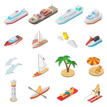 Ships yachts boats and beach vacation isometric icons set isolated vector illustration .  Ships and beach vacation icons set