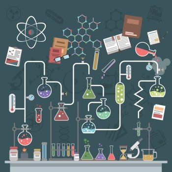 Science lab concept with flat flasks and physics symbols vector illustration. Science Concept Flat