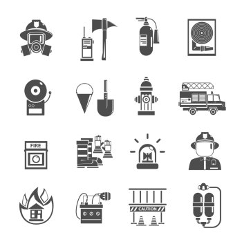 Fire icon flat black set with water hydrant alarm firefighter helmet isolated vector illustration. Fire Icon Flat