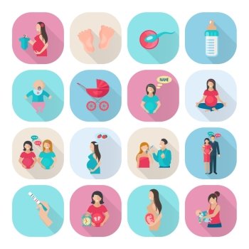 Pregnancy and mother health care icons flat set isolated vector illustration. Pregnancy Icons Flat