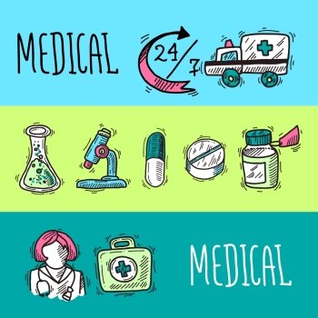 Medical Banners Set. Medical banners set with ambulance doctor and first aid kit elements isolated vector illustration