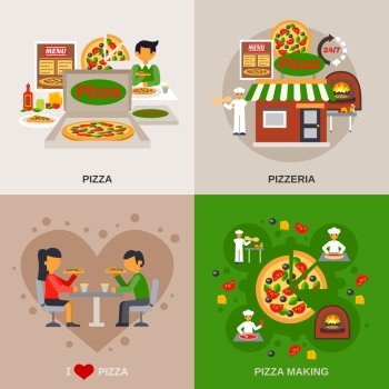 Pizzeria Concept Icons Set. Pizzeria concept icons set with cooking date in a cafe and packaging flat isolated vector illustration 