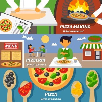 Pizza Banners Set. Pizza making horizontal banners set with pizzeria building menu and  ingredients flat isolated vector illustration 