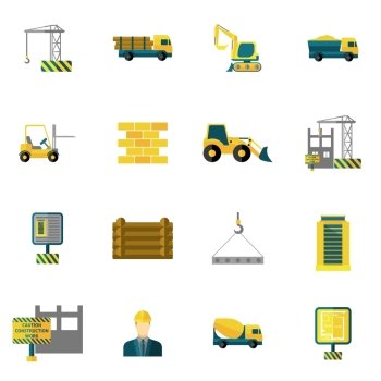 Construction icons flat set with building industry and engineering tools isolated vector illustration. Construction Icons Flat