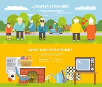 Pensioners life style horizontal banner set with senior people flat elements isolated vector illustration. Pensioners Life Banner Set