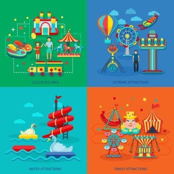Amusement park design concept set with extreme water family attractions flat icons isolated vector illustration. Amusement Park Flat