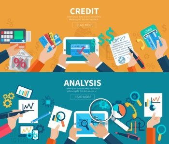 Credit and analysis horizontal banner set with hands holding business objects isolated vector illustration. Credit Analysis Banner Set