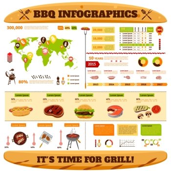 Barbecue infographics set with meat fish grilled steaks symbols and charts vector illustration. Barbecue Infographics Set
