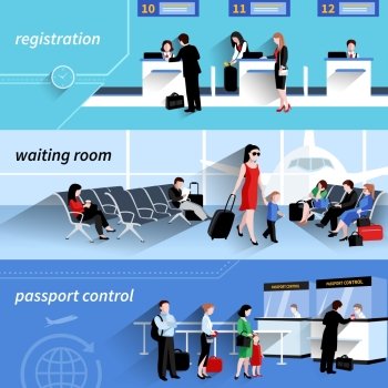 People in airport horizontal banners set with waiting room elements isolated vector illustration. People In Airport Banners