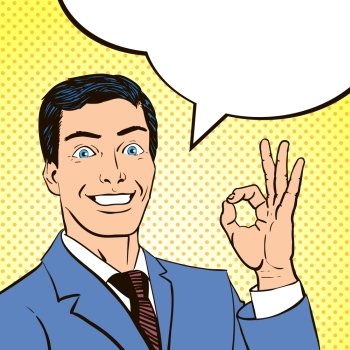 Vintage comics book panel man. Comics book panel with smiling young man and a speech bubble making ok sign abstract vector illustration