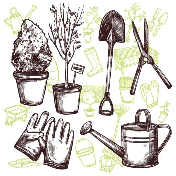 Garden Tools Sketch Concept. Garden tools shovel pruner lake and gloves and seedlings in pots sketch seamless concept vector illustration  