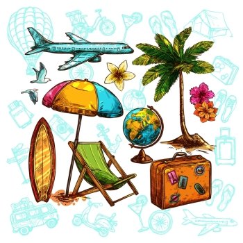 Travel sketch set with sunshade globe and palm vector illustration. Travel Sketch Set