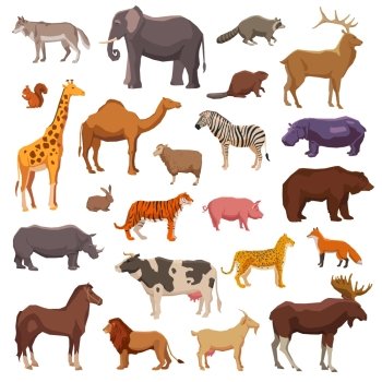 Big wild domestic and farm animals decorative icons set isolated vector illustration. Big Animals Set