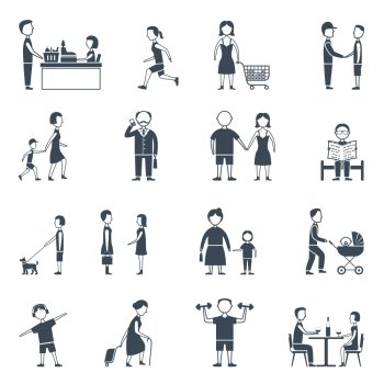 Daily Life Flat Icon Set. Human daily life work walk communication and relationship flat silhouette icon set isolated vector illustration