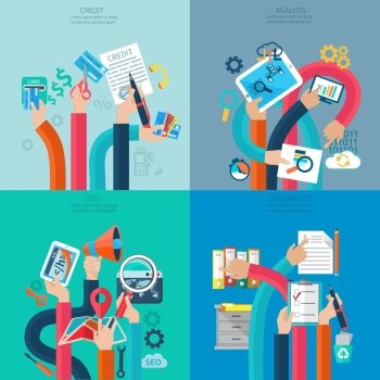 Seo credit and analysis concept with human hands holding business objects and symbols isolated vector illustration. Hand Holding Objects