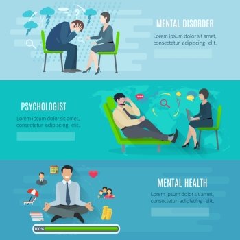 Mental health flat banners set. Mental disorder psychological treatment with principles of regaining balance flat horizontal banners set abstract isolated vector illustration