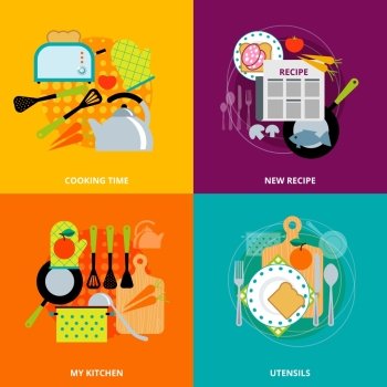 Cooking concept 4 flat icons square. Cooking concept with new recipe kitchen accessories 4 flat square icons composition banner abstract isolated vector illustration