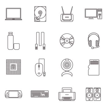 Computer Hardware And Accessories Icon Set. PC and computer gadgets with accessories and hardware flat grey outline icon set isolated vector illustration