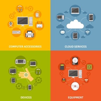 Computer Devices And Service Icon Set. Computer devices accessories and equipment and cloud service scheme  flat icon set isolated vector illustration