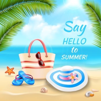 Summer vacation background with beach bag hat and flip-flops on sand realistic vector illustration. Vacation Background Illustration