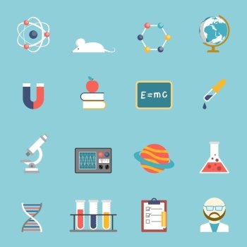 Science And Research Icon Set . Science research and study symbols devices and accessories flat color icon set isolated vector illustration