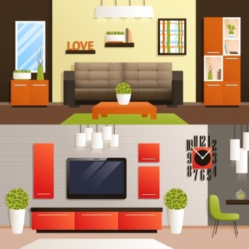 Living room horizontal banner set with flat furniture isolated vector illustration. Living Room Set