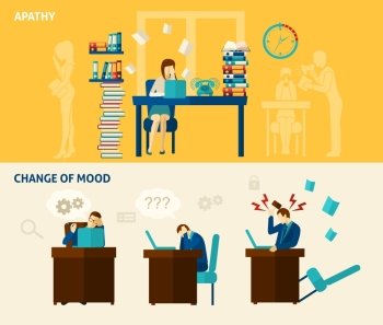 Frustration horizontal banner set with apathy and change of mood flat elements isolated vector illustration. Frustration Banner Set