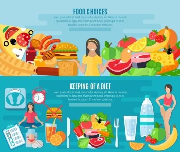 Healthy food choice for maintaining low fat diet 2 flat horizontal banners set abstract isolated vector illustration. Weight loose diet flat banners set