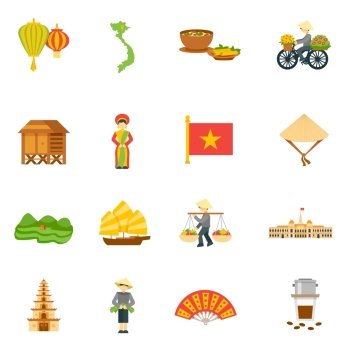 Vietnam Icons Set. Vietnam travel icons set with palace food and map flat isolated vector illustration 