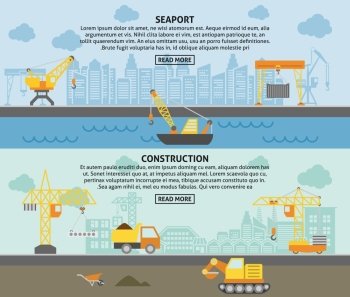 Building construction crane flat banners set. Harbor freight pickup crane and building construction tower crane flat horizontal banners set abstract isolated vector illustration