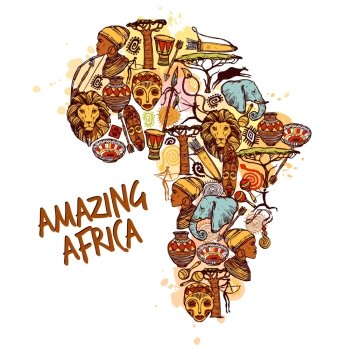 Africa concept with sketch african symbols in continent shape vector illustration. Africa Sketch Concept