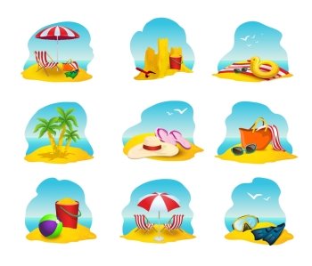 Beach Icons Set .  Beach and summer cartoon icons set with umbrella sandcastle and palms isolated vector illustration 