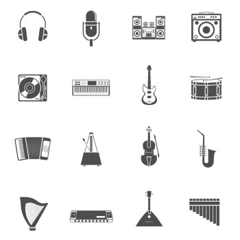 Musical Instruments Icons Set . Musical Instruments and tunes black white icons set with violin guitar and stereo system flat isolated vector illustration 