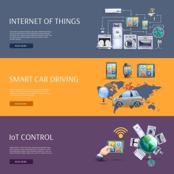 Internet of things flat banners set. Internet of things smart car driving iot control interactive homepage flat banners set abstract isolated vector illustration