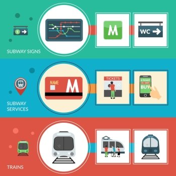 Subway horizontal banner set with signs and services elements isolated vector illustration. Subway Banner Set