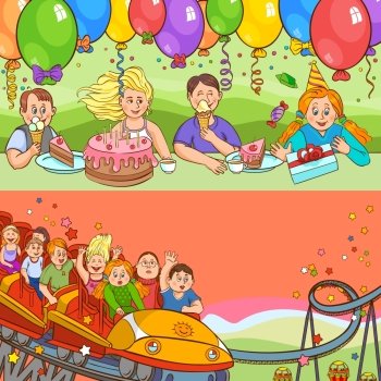 Child Birthday Cartoon Banner Set . Child birthday holiday with cakes gifts balloons and attraction color cartoon horizontal banner set vector illustration   