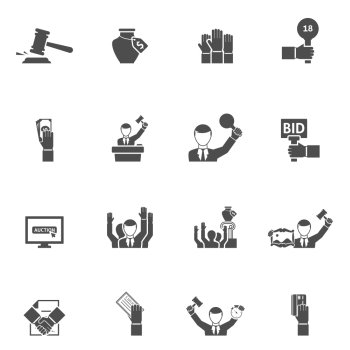 Auction Black White Icons Set . Auction black white icons set with bids internet vase and painting flat isolated vector illustration 