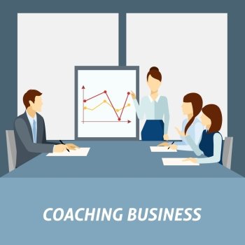 Successful business coaching poster. Effective business coaching strategies to apply in workplace for success presentation poster flat abstract vector illustration