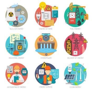 Energy flat icons composition set. Energy  concept flat round icons composition collection of clean power generation and transmission abstract vector isolated illustration